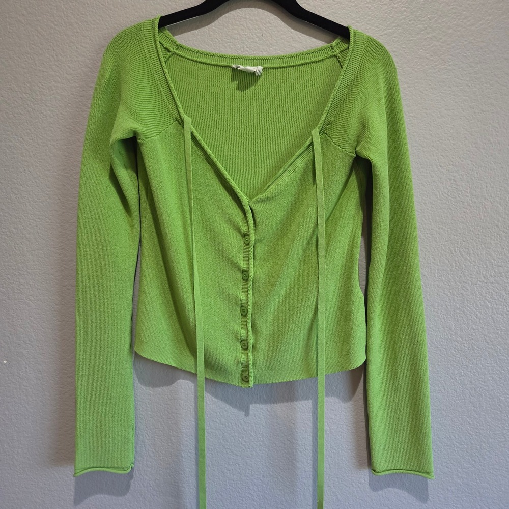 Good American Cardigan Women M Lime Green Ribbed Tie Front GSK0342 Excellent